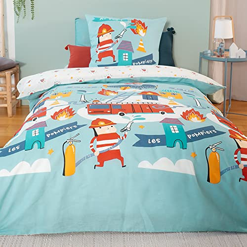 Bettwäsche für Kinder, wendbar, Feuerwehrmann Sam, Rot und Blau, Bettbezug 140 cm + 1 Kissenbezug 63 x 63 cm