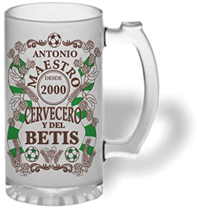 BEE INGENIOUS Jarra cerveza personalizada Maestro cervecero y del Betis de cristal esmerilado con nombre y año personalizados.Regalos para hombres.Regalos para padres, novios, hermanos.(Maestro Betis)