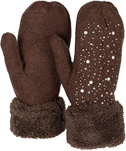 styleBREAKER Damen warme Winter Strick Fäustlinge mit Strass und Perlen, Handschuhe, Thermo Fleece, Strickhandschuhe 09010039, Farbe:Dunkelbraun