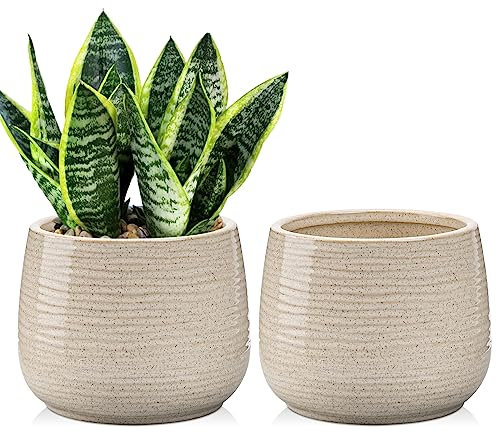 Oairse Durchmesser 13,5 cm 2er-Set Keramik Übertopf, Blumentöpfe mit Drainageloch-Silikonstopfen für Zimmerpflanzen, Retro-Dekoration für Gartenbehälter-Sets im Freien, Glasur Beige