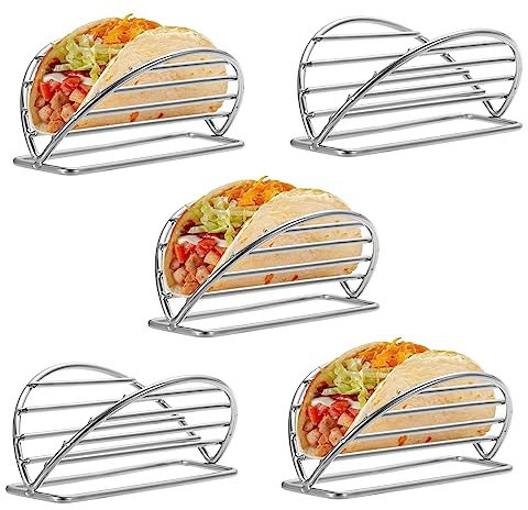 SUMNACON Set of 5 Stainless Steel Taco Holder Stands, Kitchen Restaurant Taco Stand Rack Soft & Hard Shell Taco Stand, Stainless Steel Rack for Sandwiches, Waffles, Hot Dogs