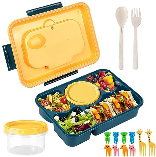 Bento Lunch Box, Kids Lunch Box with 5 Compartments and Food Picks Cutlery, Leakproof Bento Box for Kids Boys Girls Adult Work School, Microwave Safe, 1600ML (Blue)