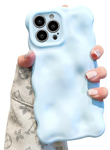 UEEBAI Case for iPhone 14 Pro Max 6.7 inch, Cute Solid Color Curly Wave Shape Shockproof Soft TPU Bumper Phone Case, Candy Water Ripple 3D Silicone Slim Pretty Case Non-yellowing Cover,Blue