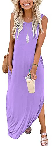 AUSELILY Vestito Lungo Donna Estivo Vestito da Spiaggia Mare Abito T-Shirt Donna Lungo Maxi con Spacco Laterale e Tasche Viola Chiaro S