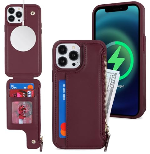 SailorTech iPhone 12 Pro Max Case with Credit Card Holder magsafe, iPhone 12 Pro Max Phone Leather Case Wallet for Women Compatible mag safe Zipper Shockproof Case for Men - Burgundy