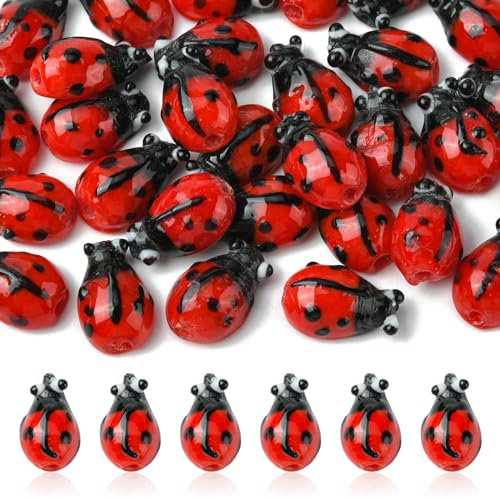 UR URLIFEHALL Lot de 30 perles rouges en forme de coccinelle en verre soufflé pour loisirs créatifs, boucles d'oreilles, fabrication de bijoux