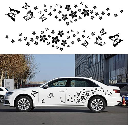 BLAJR Butterfly Floral Pattern Car Sticker DIY Mini Floral Vinyl Sticker For Hood Car Window Doors and Windows Laptop Decal accessories(black)74pcs