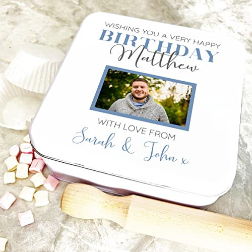 Fingerprint Designs Square Birthday Photo Blue Elegant Personalised Cake Tin | Personalised Gift | Custom Gift | Tin | Storage Container|Tin