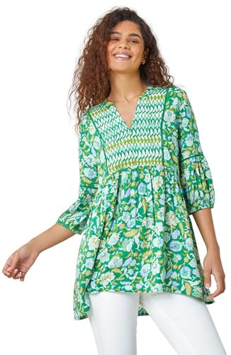 Roman Originals Summer Top for Women UK Ladies Swing Tunic A Line Blouse Ladder Trim Shirt Spring Casual Smart Holiday Party Beach Cruise Gathered Waist Loose Work - Green White Yellow - Size 10