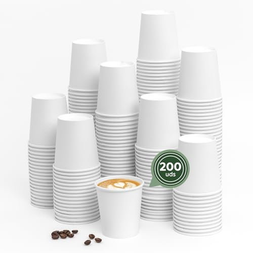 Horeca Collection MAXI PRODUCTS -200 unidades Vasos Café Desechables - Vasos Cartón - Vasos Desechables Catering - Vasos Café para Llevar - Vasos Blancos 200 cc - APTO BEBIDAS CALIENTES Y FRÍAS