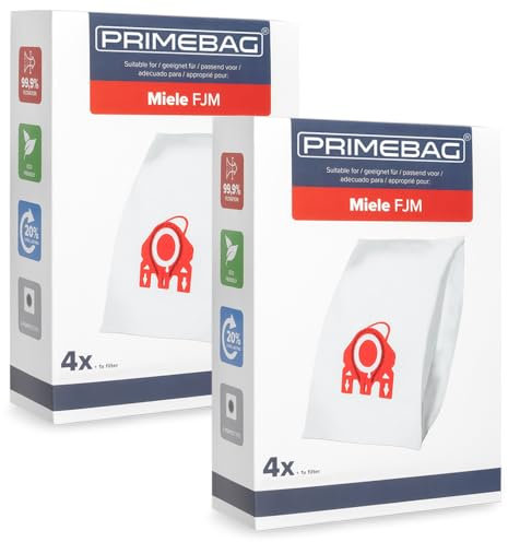 PRIMEBAG - 8 Staubsaugerbeutel geeignet für Miele Staubsauger FJM Serie Complete C1, Compact C1/C2, S4, S6, S500, S700, S300i, S256i Staubbeutel automatischer Staubverschluss inkl. 4 Filter