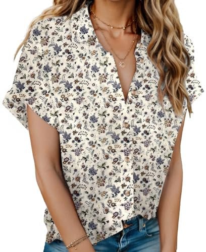 Hotouch Damen Bluse Kurzarm Hemdbluse Elegant V-Ausschnitt Hemden Casual Oberteile mit Knöpfen Lässige Leinenbluse Einfarbig Blusenshirt Baumwolle Hemd Tops Blumen M