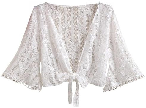 CuLtP Bolero für Abendkleider Spitzen Achselzucken Für Damen Schicker Schmetterlings Bolero Durchsichtiger Cardigan Gehäkelt Schnürschal Cape Trompetenärmel Abendjacken Strandkleider Cover Ups W