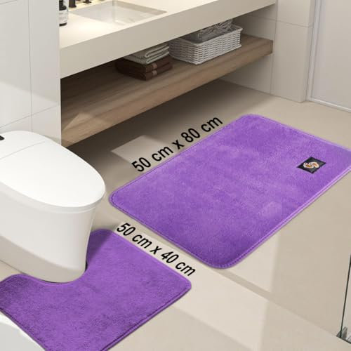 Bathroom Mat Set of 2 (50 x 80 cm + 50 x 40), Soft Microfiber Bath Rugs, Non-Slip Shaggy Bath Carpet, Machine Wash Dry Bath Mats for Bathroom Floor, Tub and Shower, Purple