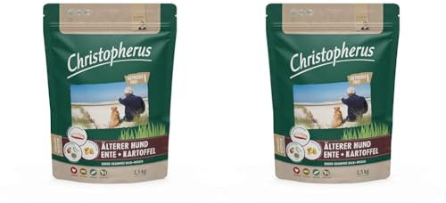 Christopherus Grainfree Senior, Vollnahrung für futtersensible Hunde ab dem 6. Jahr, Trockenfutter, Ente + Kartoffel, Krokettengröße ca. 1 cm, Älterer Hund, 1,5 kg (Packung mit 2)
