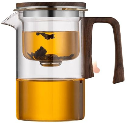 Teiera Magic Enchantipot in Vetro Con Separazione d'Acqua, Manico in Legno, Infusore e Controllo della Pressione per la Separazione del Tè