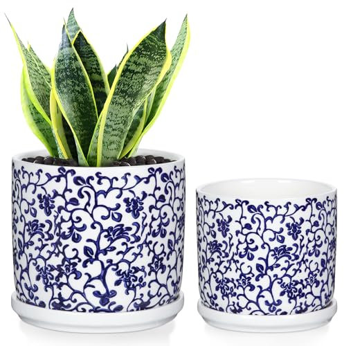 Hollyone Set of 2 Ceramic Plant Pots, 14CM 11.5CM Blue and White Porcelain Planters with Drainage Holes and Saucers, Handmade Flower Pots, Decorative Pottery for Succulents, Cacti, Orchids, Herbs