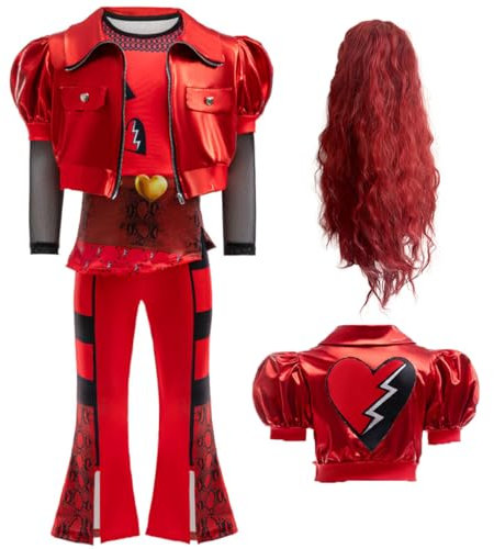 DGMYFY Descendant 4 The Rise of Red Tochter der Herzkönigin mit Jacke und Perücke Descendant Kostüm Karneval Geburtstagsfeier Bühnenshow Familienfeier Halloween Cosplay Kostüm