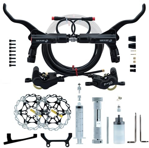 HZXQCVB Juego De Frenos Hidráulicos E-Bike De 2-Pin 4 Pistones con 160mm/180mm/203mm Rotores Palanca De Aluminio para Bicicletas Eléctricas Incluye Manguera De 2300mm(Black,180mm)