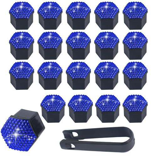 SYSUII 17mm Auto Radschraubenkappen, 20 Stück Radmutternkappen Mit Entfernung Werkzeug Sechskant-Reifen Bling Diamant Muttern-abdeckungen Radbolzen Kappen Rad Mutter Cap Radbolzen Schutz Cover-Blau