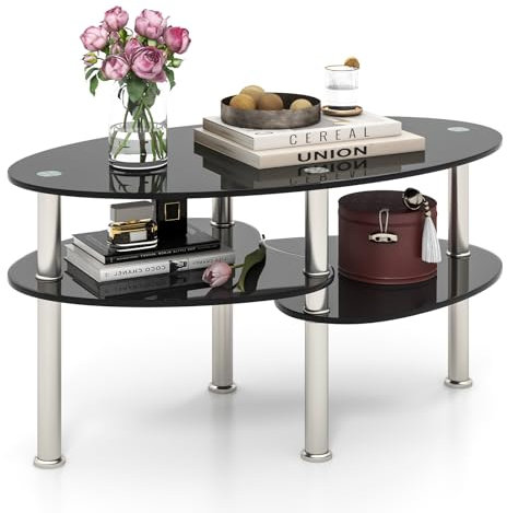 COSTWAY Couchtisch Glas, Glastisch oval, Wohnzimmertisch mit 2 Ablagen, Sofatisch, Kaffeetisch, Beistelltisch für Wohnzimmer, 89 x 50 x 45 cm