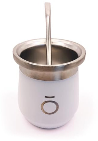 BALTHŌ - Mate Argentino de Acero Inoxidable (Taza Yerba Mate.) Térmico con Doble Capa de Acero,Resistente y Aislante (Vacuum Insulated), con Bombilla (17cm). Liviano y Resistente. (230ml). (Blanco)