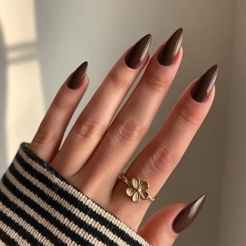 KQueenest Lot de 24 faux ongles press on nails, en acrylique, en forme d'amande, marron foncé, à coller, couleur naturelle, couleur unie, en gel brillant, couvrant, pour femme