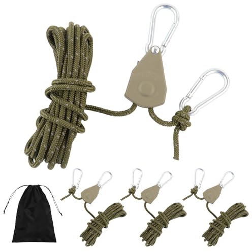 4 Stück 13ft/4M Reflektierende Abspannseile mit Seilspanner, 4mm Einstellbare Seil Ratsche mit Haken, Zeltschnur mit Aufbewahrungstasche für Camping Sonnensegel (Olivgrün)