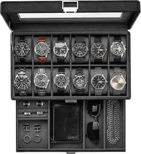 ProCase 12 Slot Premium Uhrenbox Uhrenkoffer Watch Box | Uhrenkasten mit Glasdeckel Uhrenkissen, Herren Schmuckaufbewahrung für Ringe Armbänder Halsketten