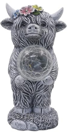 Yeomoo Highland Cow Kuh Gartenfigur mit Solarlampen Gartendeko Deko Zimmer - Lustig Hochlandrind mit Ball & Blumen Solar Garten Deko - Kuh Geschenke für Männer Frauen Mama Wetterfeste Balkon Deko Grau