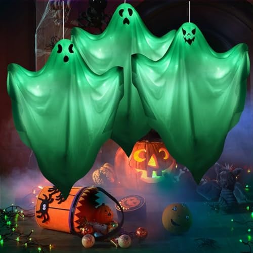Halloween Geister Deko Garten Outdoor,3 Stück Halloween Geist Licht Pfahl,LED Geist Innenhof Lampenposten, Outdoor Horror hängende Zubehör für Rasen,Höfe,Terrassen und Spukhaus. (Hängend Grün)