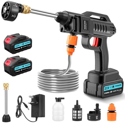 Kabelloser Hochdruckreiniger 62 Bar, 21V Tragbarer Jet Hawk mit 6-in-1 Verstellbarer Düse & 5 m Schlauch – Ideal für Auto, Fenster, Rasen, Garten und Pool