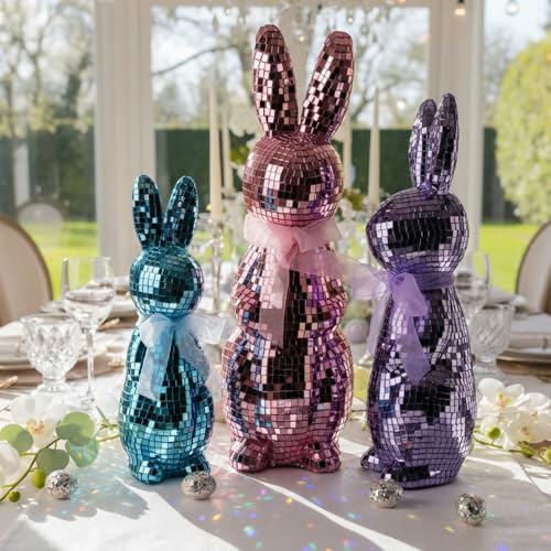 Lanpn 3er-Set Osterhasen aus Mosaikglas, dekorative Disco-Hasen für Tisch, Regal & Wohnraum, Frühlingsdekoration (Rosa, Lila, Blau)
