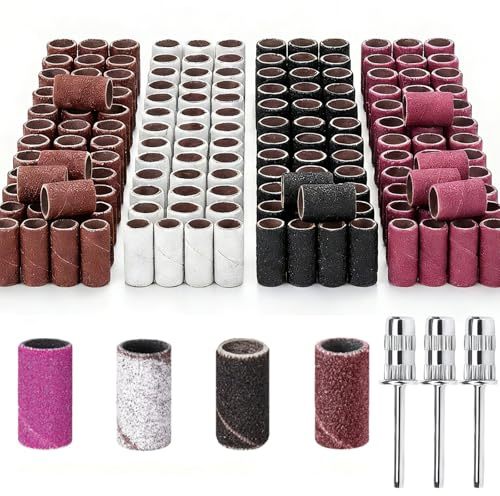 400pcs Nail Polish Head Sanding Ring Set,80# 120# 180# 240# Coarse Fine Grit Mini Sanding Bands With 3pcs Mandrel Bits For Nail Drill Manicures Pedicures