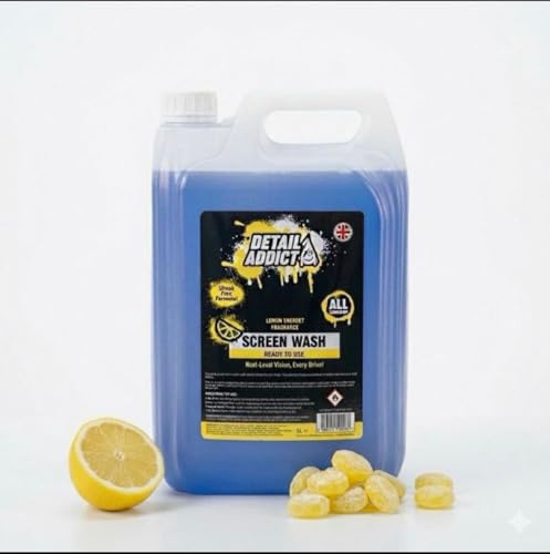 5 L Detail Addict Screenwash Minus 5°C Ready to Use Car Windshield Washer Fluid, Anti-Freeze Winter Formula, Streak-Free Crystal Clear Finish, Lemon Sherbet Fragrance, (5 L)