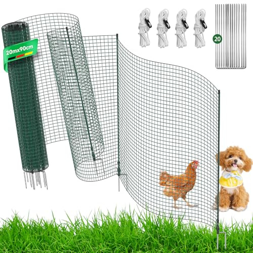 Sorlpv Mobiler Hühnerzaun, 90cm Hoch, 20m Lang Begrenzungszaun Komplett-Set mit Vormontierte Fiberglaspfähle, Wetterfest & UV-Beständig Weidezaun Geflügelzaun für Camping, Garten, Hof, Ohne Strom