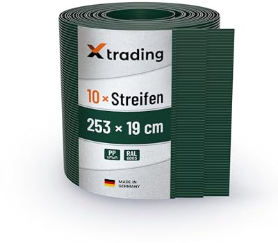 X-trading PP Sichtschutzstreifen für Doppelstabmatten-Zaun (2,53 m x 19 cm) Moosgrün 10 Stk. – RAL 6005 – Rillenoptik – Qualität Made in Germany, einfache Montage ohne Clips & Werkzeug