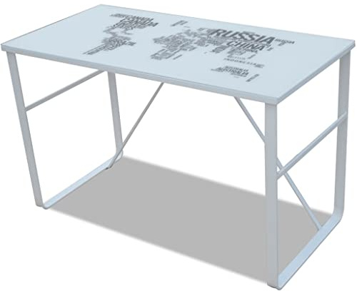 Yisssmeng Schreibtisch mit Weltkarte 120x60x75 cm aus 5 mm Sicherheitsglas und stabilen Holzbeinen modernes Design für Homeoffice Gaming Büro und Studierzimmer