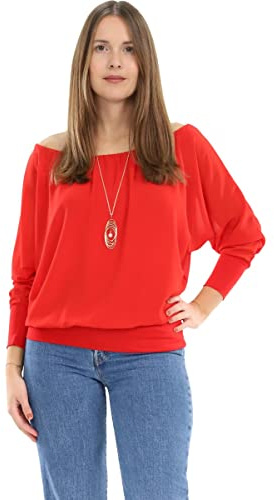 Malito – Unisize Damen Bluse schulterfrei mit Kette – Langärmlige Frauen Tunika mit elastischen Ärmelbündchen – Elegantes Oversize Blusenshirt Langarm mit breitem Bund – Shirt 1133 (Größe 34-42)