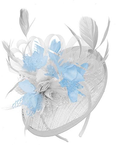 Caprilite White and Light Blue Sinamay Disc Saucer Fascinator Hat for Women Weddings Headband