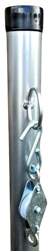 2.4 Meter Washing Line Post - Pulley Wheel & Middle Cleat Hook Galvanised Pole Heavy Duty Clothes Pole (8 Foot)