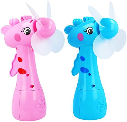 com-four® Ventilador de mano 2x - miniventilador con tanque de agua - miniventilador de manivela con rociador de agua como atomizador - ventilador de viaje para llevar (2 piezas - azul + rosa)