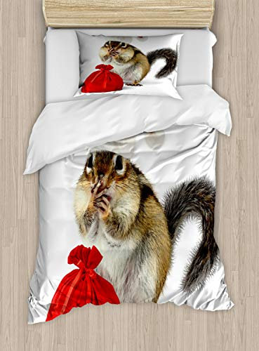 ABAKUHAUS Weihnachten Bettbezugs Set für Einzelbetten, Chipmunk in Sankt-Hut, Milbensicher Allergiker geeignet mit Kissenbezug, 130 x 200 cm, Weiß Gelb