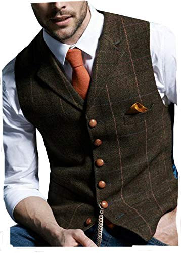 JinXuanYa Gilet Costume Tweed À Carreaux Retro Hommes Laine Sans Manches Col Cranté Formel Café XXL élégant Désinvolte Garçons d'honneur de Mariage de Bal