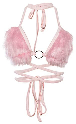 ZOOMY Frauen Sexy Halfter Schnür-Bikini-BH V-Ausschnitt Flauschiges Plüsch-Crop-Top - Pink