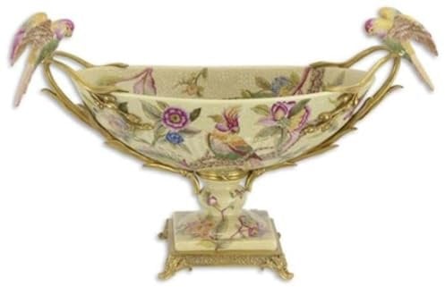 Casa Padrino Jugendstil Porzellan Schüssel mit Blumen Design und Papageien Griffen Mehrfarbig/Messingfarben 53,4 x 21,3 x H. 32,3 cm - Deko Accessoires