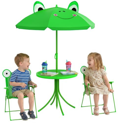 Outsunny Ensemble Salon de Jardin Enfant 4 pcs Design Grenouille Vert | Table Ronde, 2 Chaises Pliables, Parasol, Métal Époxy, Oxford