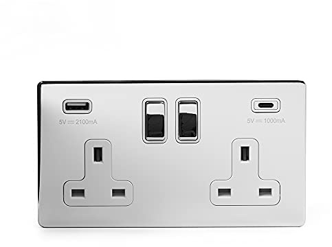 Soho Lighting Polished Chrome 2 Gang USB C Plug Socket (13A Socket + 2 USB Ports A+C 3.1A) Wht Ins Screwless