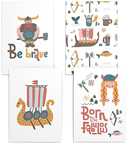 Papierschmiede® Kinderposter 4er Set, DIN A4 (21x30 cm) Wanddeko, Geschenk für Jungen Kinderzimmer Babyzimmer, Boot Schiff Axt Krieger, Wikinger