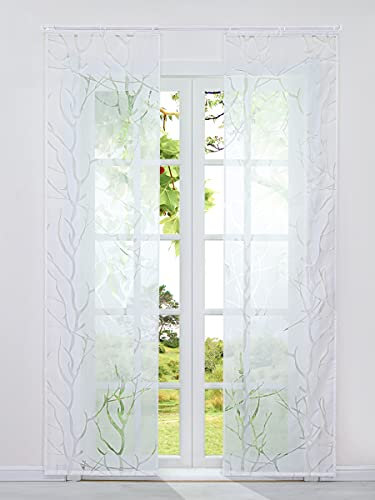 HeichkelL 2er Schiebegardinen Ausbrenner Modern Flächenvorhänge mit Klettband Transparente Fensterstores Äste Muster Dekoschals inkl. Beschwerungsstäben Weiß BxH 57x175 cm